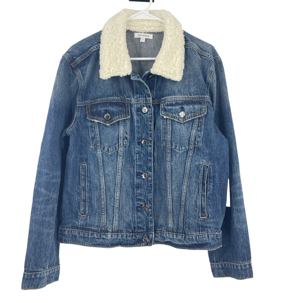 Good American Denim Jacket Blue Sherpa Collar Button Down Long Sleeve NWT Size 0